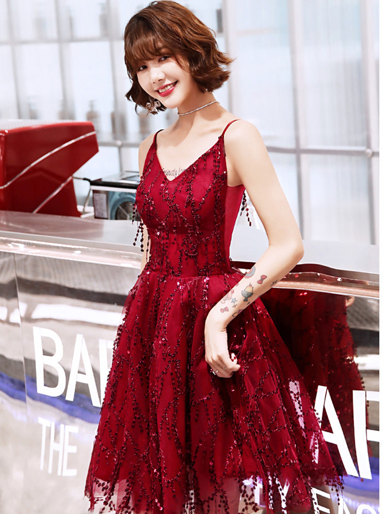Cocktail Dress 2019 Sleeveless Spaghetti Strap Short Burgundy A-Line Dresses Sequins Party Night Robe Cocktail E1284