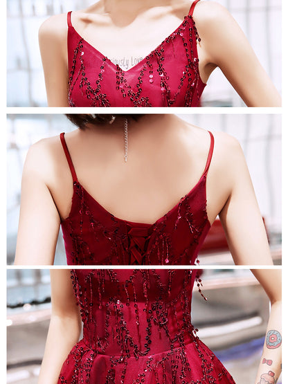 Cocktail Dress 2019 Sleeveless Spaghetti Strap Short Burgundy A-Line Dresses Sequins Party Night Robe Cocktail E1284