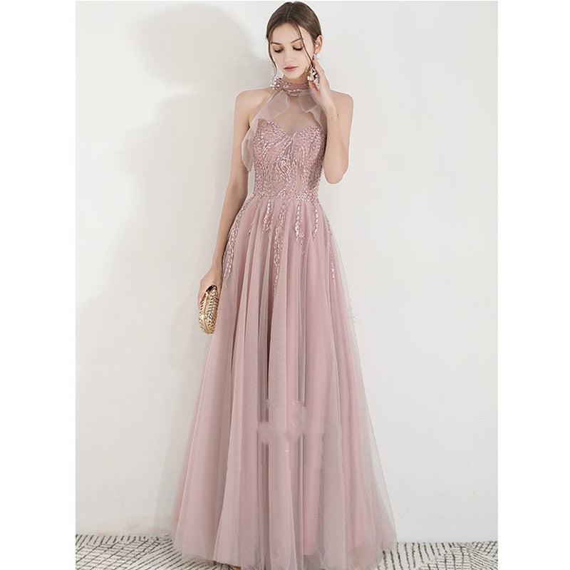 Evening Dress Elegant Halter Short Sleeve A-Line Dresses Illusion Plus Size Women Party Robe de Soiree E1086