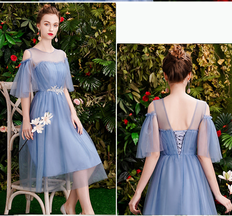 New Bridesmaid Dresses Dusty Blue Tea Length Summer Fall Formal Graduation Prom Party Gown Gift for Girlfriend Robe Demoiselleur