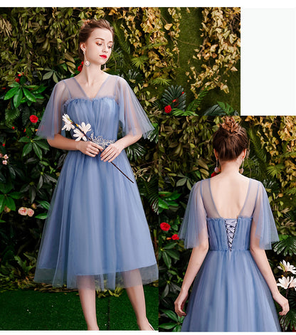 New Bridesmaid Dresses Dusty Blue Tea Length Summer Fall Formal Graduation Prom Party Gown Gift for Girlfriend Robe Demoiselleur