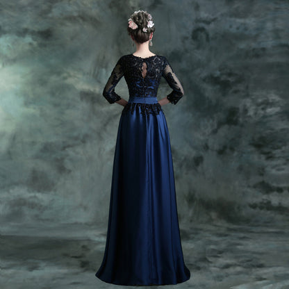 Sweet Memory Dark Navy Blue Satin Lace Long Evening Dress New Three Quater Sleeve Evening Dresses Mother of Bride Dresses C19150