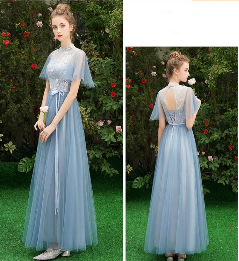 New Dusty Blue Bridesmaid Dress Mismatched Lace Full Sleeve Sweet Prom Party Graduation Dress Sukienki Dla Druhny Robe De Soriee