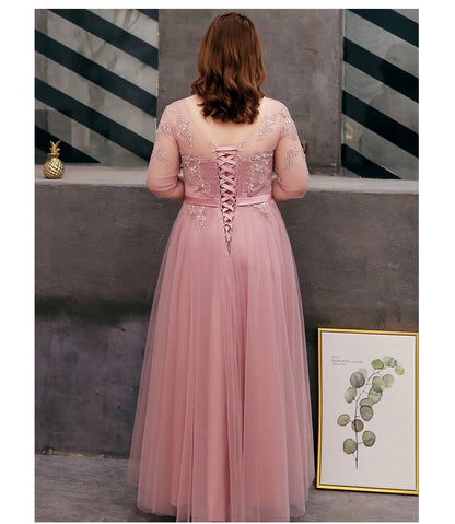 Elegant A-line Floor-Length Pink Bridesmaid Dresses Plus Size 2019 Lace Appliques Tulle Long Wedding Guest Dresses For Women