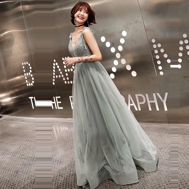 Evening Dress V-neck Spaghetti Strap Bow Green Women Party Dresses Plus Size Lace Up Sleeveless Formal Gowns E726