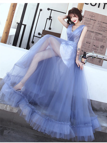 Evening Gowns Elegant Tiered V-neck Blue A-Line Robe De Soiree Sleeveles Floor-Length Women Party Dresses E861