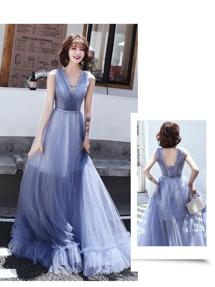 Evening Gowns Elegant Tiered V-neck Blue A-Line Robe De Soiree Sleeveles Floor-Length Women Party Dresses E861