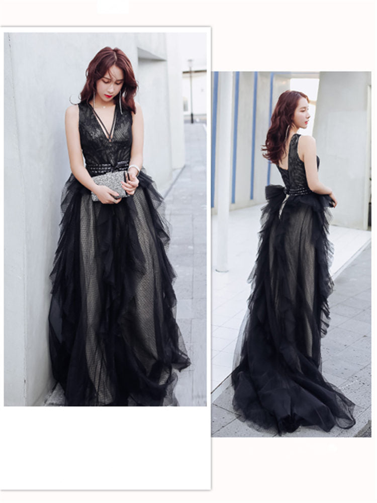 Evening Gowns 2021 Sexy V-neck Backless Black Train Robe De Soiree Formal Sleeveless A-Line Women Party Dresses E874