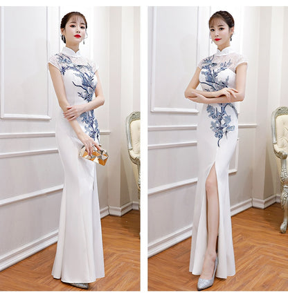 White High Split Mermaid Dress Evening Gowns Embroidery Floral Chinese Style Cheongsam Lace Sexy Stage Show Qipao Vestidos