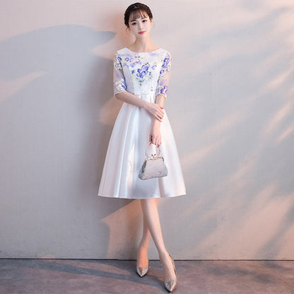 Young Lady Chinese Sexy Elegant Prom Dress Cheongsam Lace Flower Qipao Midi Half Sleeve Pink Round Neck Evening Party Gown