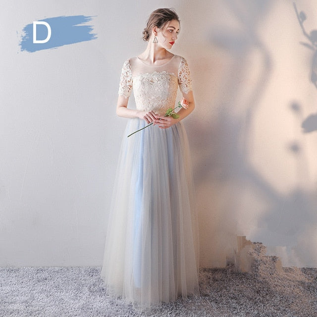 Bridesmaid Dress Flare Short Sleeve O-neck Long Bridsmaid Dresses Elegant Wedding Party Dress Backless Lace Up Formal Gowns E135