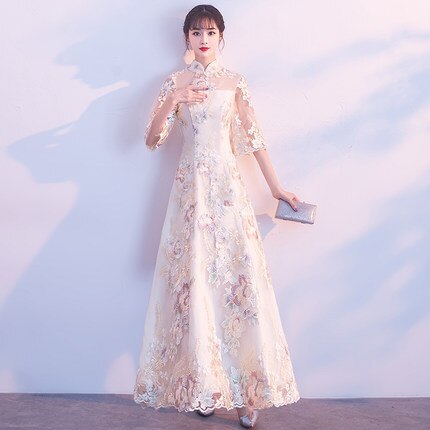 Champagne Lace Chinese Dress Qipao Party Dresses Bride Cheongsam Dress New Evening Dress Oriental Wedding Gowns Vestido Size 2XL