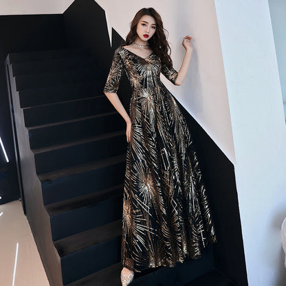 Sexy V-Neck Black Long Stage Show Cheongsam Dress Vestidos Chinos Oriental Qipao Evening Gowns Classic Party Dress Size S-XXL
