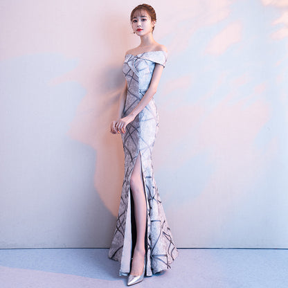 Chinese style Evening Dress Sexy Slim high Slits Mermaid Off Shoulder Dress Improved Cheongsam  Vestidos Size S-3XL