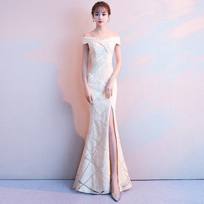 Chinese style Evening Dress Sexy Slim high Slits Mermaid Off Shoulder Dress Improved Cheongsam  Vestidos Size S-3XL