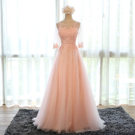 Evening Dress Banquet Sweet Pink Scoop Neck Half Sleeve Transparent Lace Embroidery A-line Long Prom Formal Dress