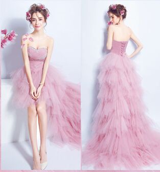 New Arrival Popin Fashion Front Short and Long Back Off the Shoulder Trailing Bridesmaid Dres 1068