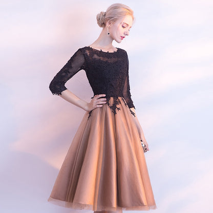 Luxury Black And Yellow O-Neck Half Sleeve Backless Appliques Lace Up Cocktail Dresses Knee Length Formal Dress LX458