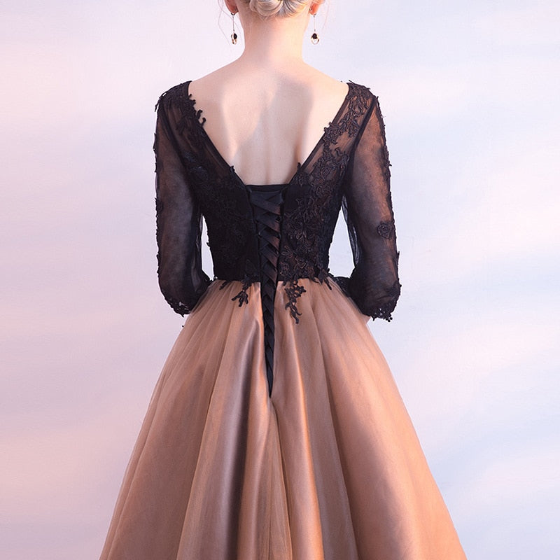 Luxury Black And Yellow O-Neck Half Sleeve Backless Appliques Lace Up Cocktail Dresses Knee Length Formal Dress LX458
