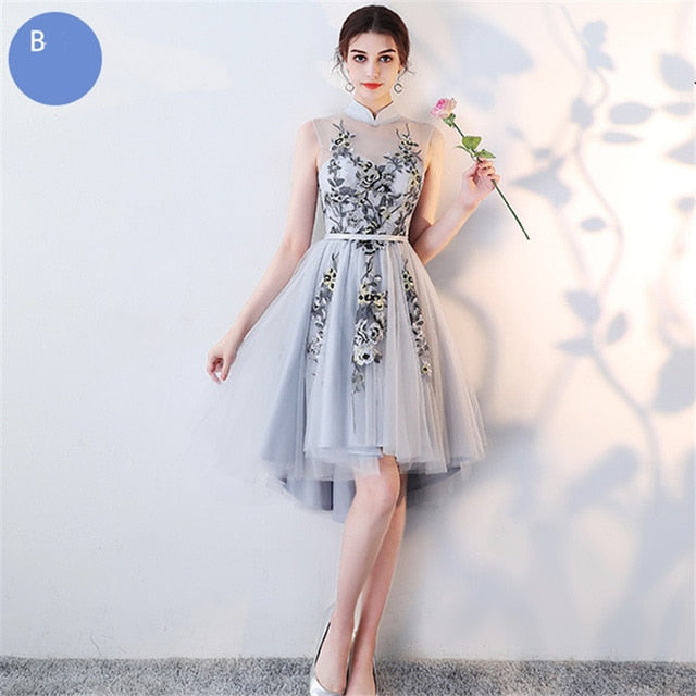 Bridesmaids Dresses V-Neck Flower Embroidery Tulle Formal Dress Lace Up Illusion Lady Fashion Designer LX1003