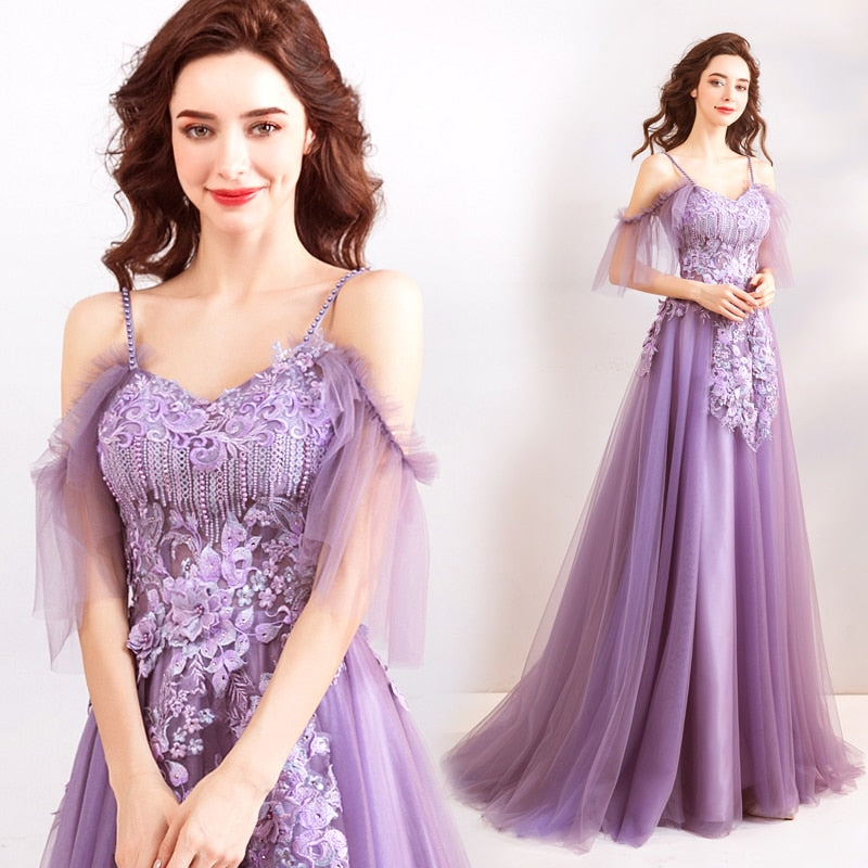 Purple Evening Dress Strapless A-line Tulle Party Evening Dresses Sex Floor-length Short Sleeves Lace up LX807