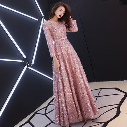 Elegant Pink Feathers Long Evening Dress with Long-sleeve Shiny Sequin Lace Up Floor-Length Formal Gowns Sexy New Party Dresses
