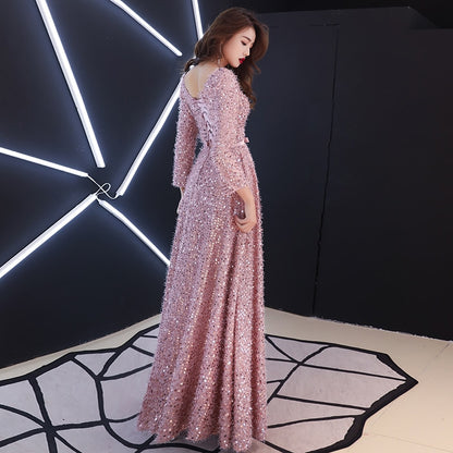 Elegant Pink Feathers Long Evening Dress with Long-sleeve Shiny Sequin Lace Up Floor-Length Formal Gowns Sexy New Party Dresses