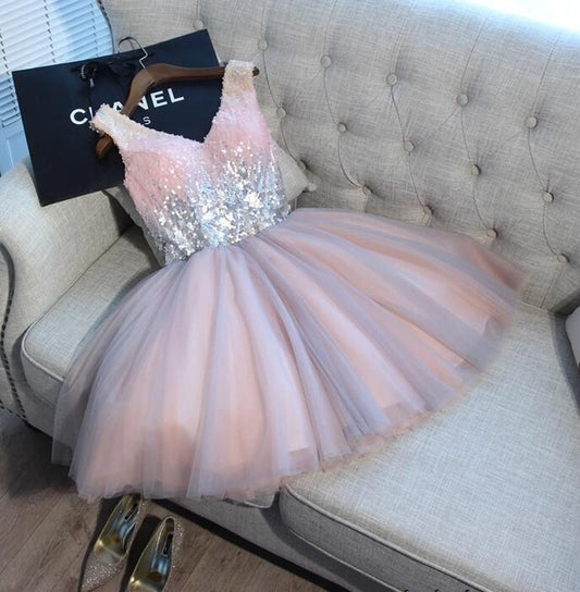 Short Prom Dresses Walk Beside You Ball Gown Pink Gray Sequined V-neck Elegant Evening Formal Party Gown vestido formatura curto