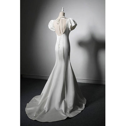 soft satin texture white court fishtail outdoor light wedding dress long skirt