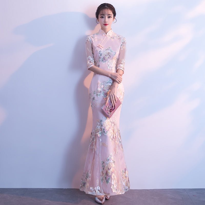 Long fishtail cheongsam 2020 new young temperament girl body-sleeve Chinese flag dress.