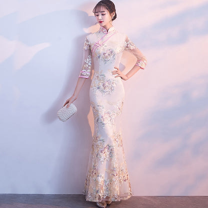 Long fishtail cheongsam 2020 new young temperament girl body-sleeve Chinese flag dress.