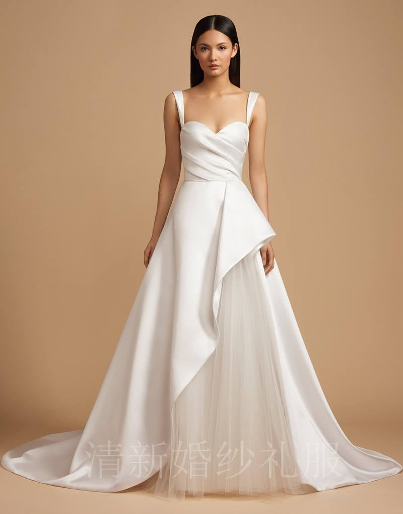 Spring new minimalist satin wedding dress fashion princess sling show thin drag tail bride wedding light wedding dress.