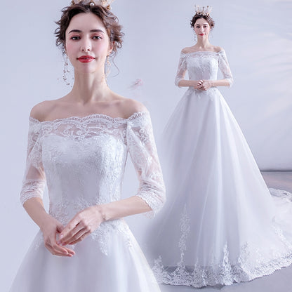 Angel's wedding dress Romantic lace one-word shoulder long-sleeved princess bride spring big tail wedding dress 1837.