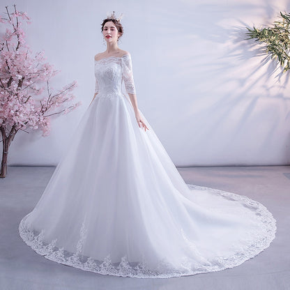 Angel's wedding dress Romantic lace one-word shoulder long-sleeved princess bride spring big tail wedding dress 1837.