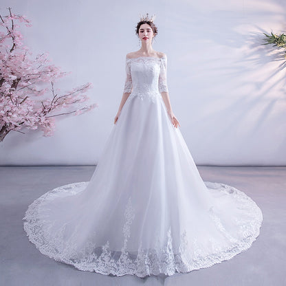 Angel's wedding dress Romantic lace one-word shoulder long-sleeved princess bride spring big tail wedding dress 1837.