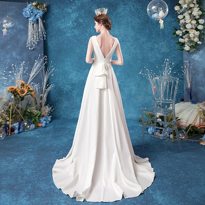 wedding dress temperament noble elegant one-word shoulder bride travel shoot scene tail tail light wedding dress 3886.