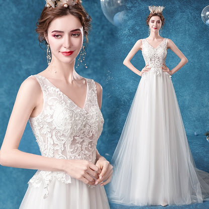 wedding dress Sexy fashion deep V-neck Bride Travel Shoot Scape Sea view lace tail wedding dress 2388.