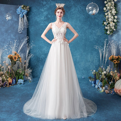 wedding dress Sexy fashion deep V-neck Bride Travel Shoot Scape Sea view lace tail wedding dress 2388.