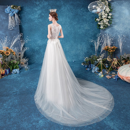wedding dress Sexy fashion deep V-neck Bride Travel Shoot Scape Sea view lace tail wedding dress 2388.