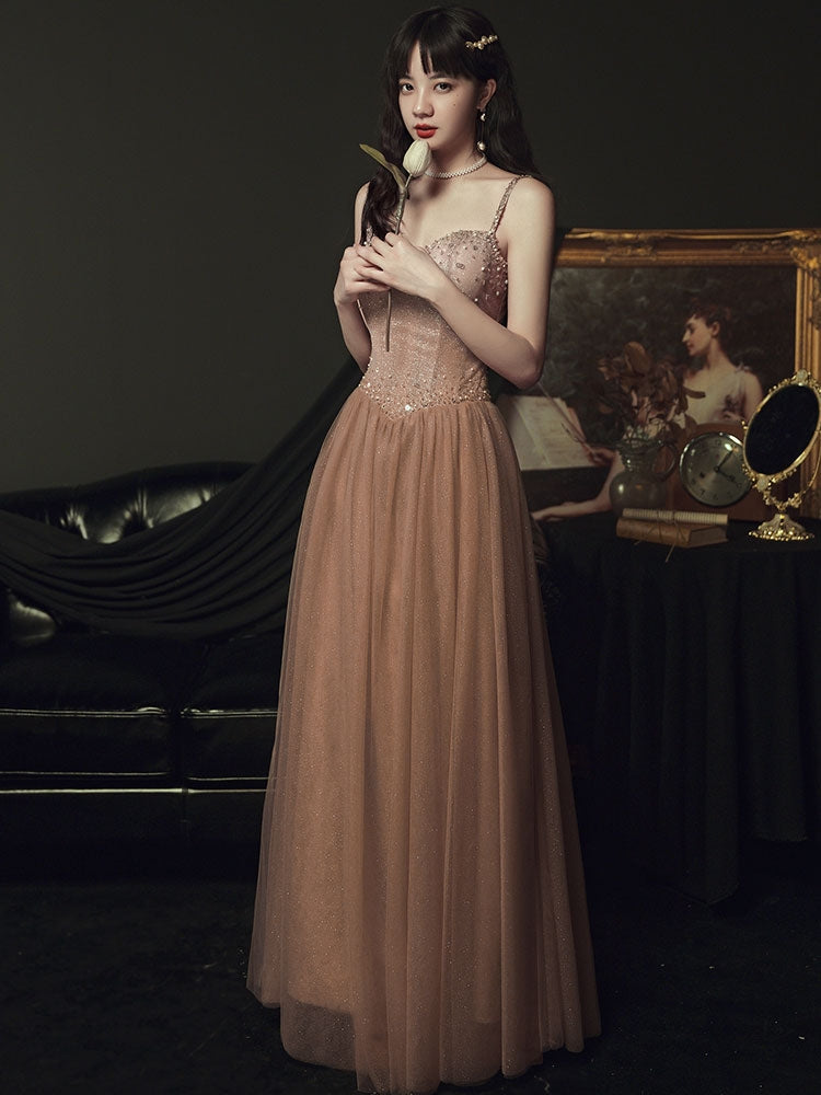 Banquet evening dress new champagne-colored sling fairy temperament dream sequin famous birthday dress long.