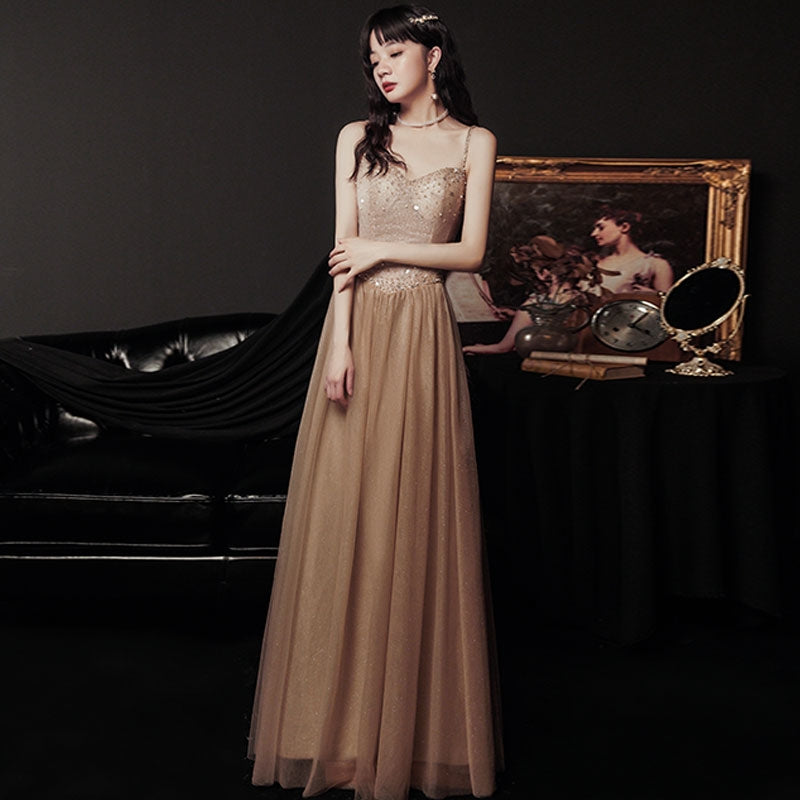 Banquet evening dress new champagne-colored sling fairy temperament dream sequin famous birthday dress long.