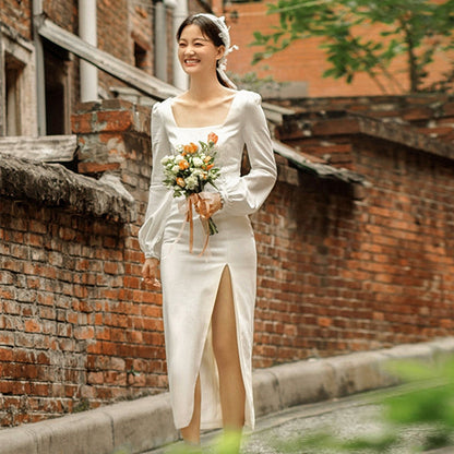 French light wedding dress Sen satin super fairy daily out of the yarn travel shoot simple small light proof dress autumn.
