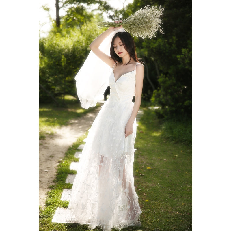 "White Fairy" travel shoot light wedding dress 2020 new summer Sen lace sling see-through skirt photo dress girl.