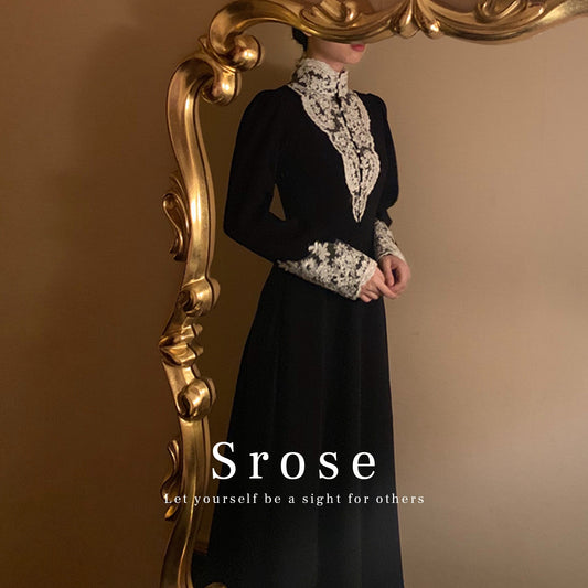 Srose spring/autumn new dress medieval retro temperament dress high-necked long sleeves show tall thin long skirt.