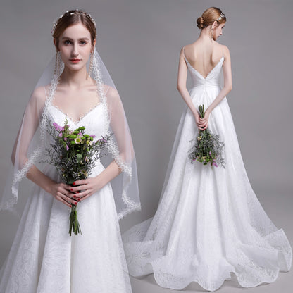 Miranda's new original live-shoot sling deep V lace trailing brigade shoots light wedding lawn wedding dress.