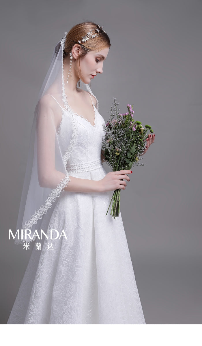 Miranda's new original live-shoot sling deep V lace trailing brigade shoots light wedding lawn wedding dress.