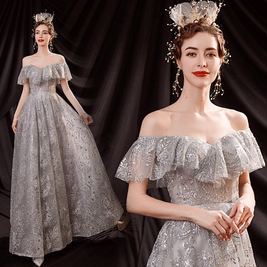 wedding dress bright starry silver banquet annual meeting stage performance host wedding evening dress 16077