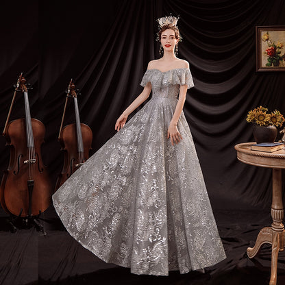 wedding dress bright starry silver banquet annual meeting stage performance host wedding evening dress 16077