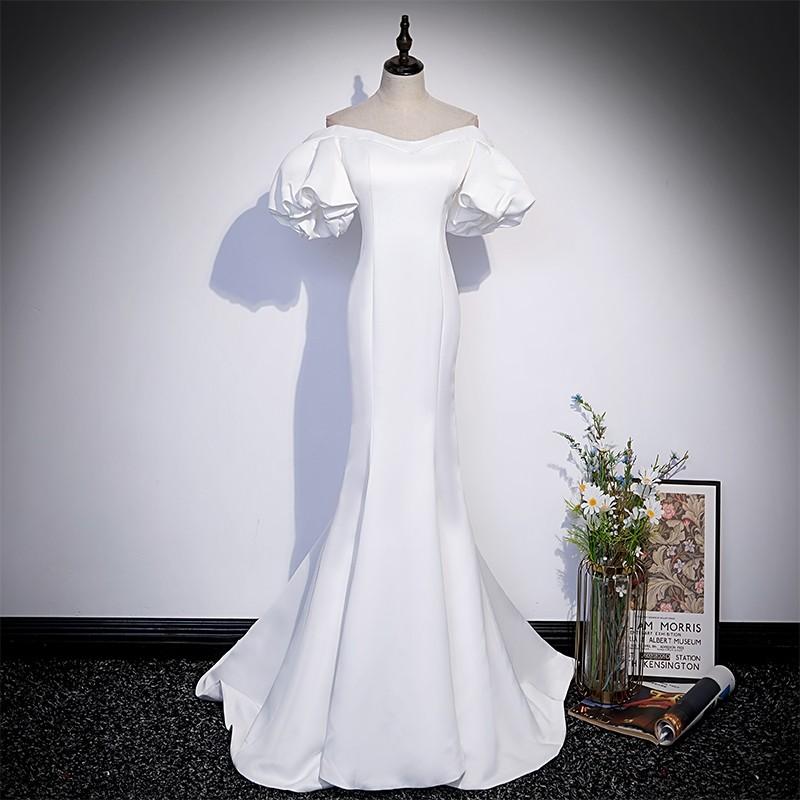 White Wedding Dress women's 2022 new fishtail high-end host dress long banquet elegant one-word shoulder